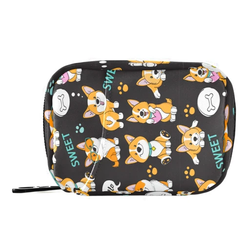 Pfrewn Pill Organizer Case Cute Dogs Corgi Travel Pill Box with Zipper 7 Day Portable Small Weekly Vitamin Medicine Supplement Holder Pouch Bag for Women Men