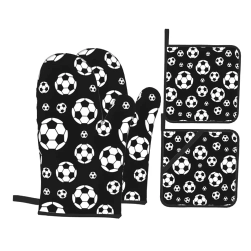 Opumxzb Football Ball Oven Mitts and Pot Holders Sets 4 Pcs Set, Heat Resistant Sports Soccer Oven Gloves Games Hot Pad for Kitchen Cooking Baking BBQ