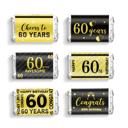 Tenare 90 Pcs 60th Birthday Candy Bar Wrappers Black and Gold Stickers Chocolate Decoration Label Mini Candy Label Stickers for Anniversary Birthday Party Supplies
