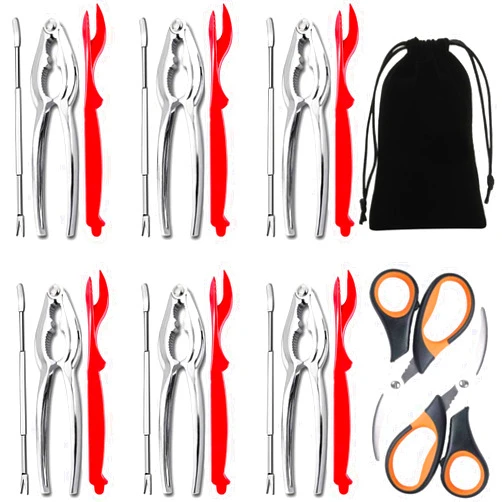 Artcome 21 Piece Seafood Tools Set - 6 Crab Crackers, 6 Lobster Shellers, 6 Crab Forks, 2 Seafood Scissors and 1 Storage Bag