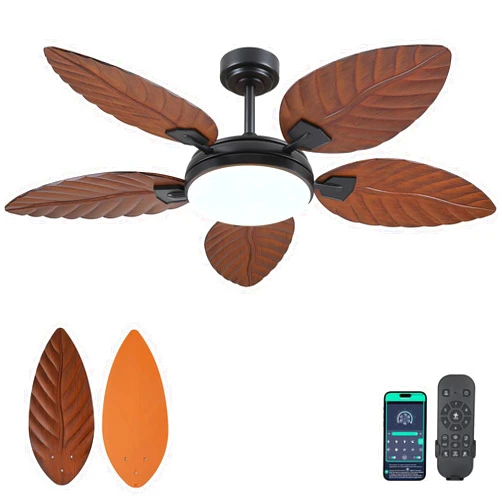 PHORUS 52 Inch Tropical Ceiling Fans with Lights and Remote,Outdoor Palm Leaf Ceiling Fan for Patios Porch Bedroom, Dimmable, 6 Speeds, Reversible, Dark Brown