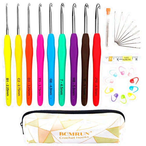 BCMRUN Ergonomic Crochet Hooks Set with Case, BCMRUN 2.25mm(B)-6mm(J) Soft Grip Handles Knitting Needles with Large-Eye Blunt Needles, Stitch Marker, Tape Measure, Crochet Needles Kit for Arthritic Hands