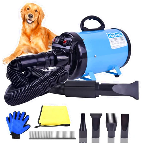 HooHcc Dog Dryer, 4.5HP All-in-one Pet Grooming Dryer with Adjustable Speed and Temperature Control Dog Blow Dryer, Dog Hair Dryer with 4 Nozzle, Comb, Towel & Glove (Blue)