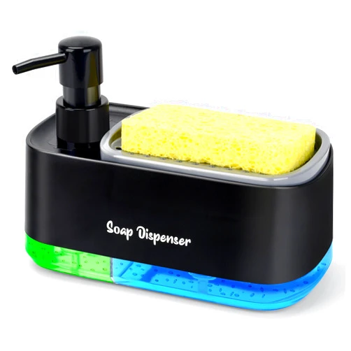 Bestseek Hand and Dish Soap Dispenser Set for Kitchen, Dual Soap Dispenser with Sponge Holder, 3-in-1 Countertop Soap Pump Dispenser for Kitchen Sink, Useful Kitchen Gadgets - Black