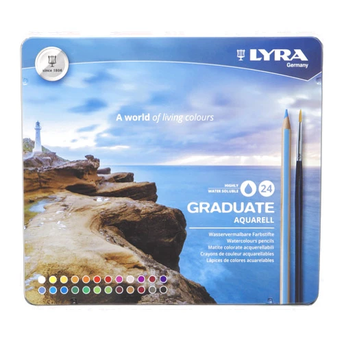 Lyra Graduate Aquarell Watercolor Pencils, 24 Assorted Colors with Brush, Metal Tin