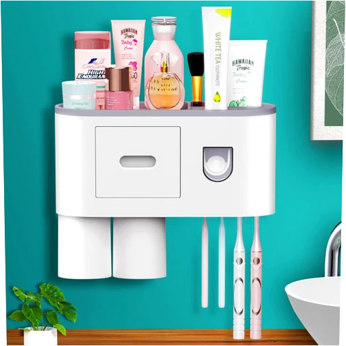 TuCao Automatic Toothpaste Dispenser Squeezer Kit Wall Mounted with Toothbrush Holder, 4 Toothbrush Slot with Cover, 2 Magnetic Cups, Multi-Functional Toothbrush Organizer(2 Cups)