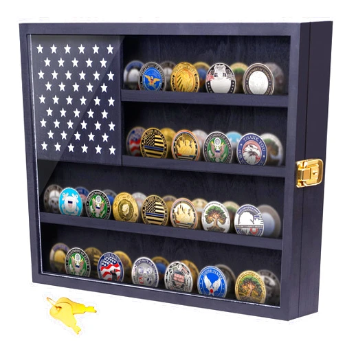 WodGod Military Challenge Coin Display Case, 16”x12” Wooden American Flag Medal Shadow Box with Anti-Fade UHD Acrylic Door, Gold-Antitheft Lock, 2 Groove Shelves and Wall Mount (Black184)