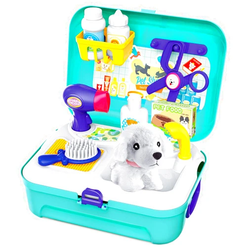 Sanlebi Pet Care Play Set Dog Grooming Kit with Backpack Doctor Set Vet Kit Educational Toy-Pretend Play for Toddlers Kids Children (16 pcs)