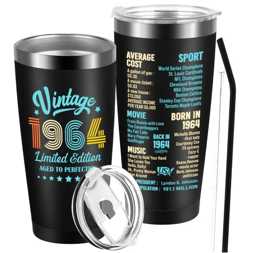 Henghere 60th Birthday Gifts for Men women, 60 Years Old Gifts Idea for Him Her, Sixty Birthday Present, Happy 60th Birthday Tumbler Gifts Back in 1964 Tumbler Cup