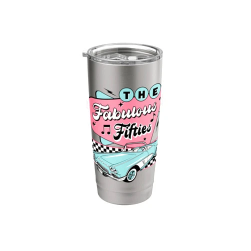 50s Rock and Roll American Vintage Classic Cars The Fifties 1950s Car Music Checkerboard Rockabilly Sock Hop Stainless Steel Insulated Tumbler