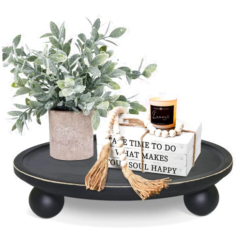 SOWA Farmhouse Wood Tray Risers for Display, Wooden Decorative Tray for Kitchen Decor, Pedestal Stand for Countertop, Round Tray with Risers