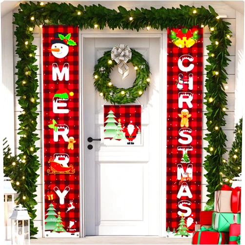 ZELARO 3PCS Merry Christmas Decoration Banner Christmas Porch Sign Banner 71 inches Red Black Buffalo Plaid Christmas Banner for Home Front Door Indoor Outdoor Yard Christmas Party Holiday Decorations