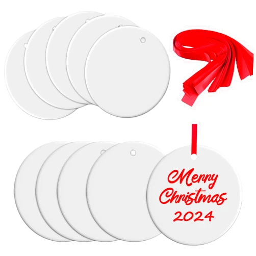 SEUGKE 10Pcs Sublimation Ceramic Ornaments Sublimation Ornament Blanks Bulk Ceramic Discs Ornament for Heat Press Printing White Round Porcelain Ornament Personalized Xmas Tree Ornament Keepsake Crafts Gift