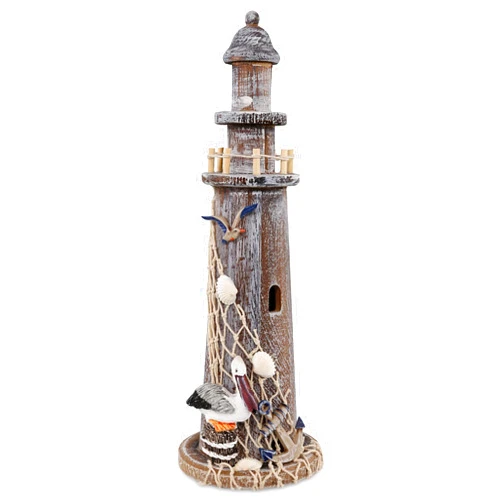 Puzzled CoTa Global Brown Wooden Lighthouse Decor - Handcrafted Nautical Lighthouse Table Top Centerpiece with Pelican , Fishing Net, Seashells and Anchor Decor, Lighthouse Outdoor Decor - 14.25 Inches