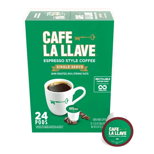 Cafe La Llave Espresso-Style Dark Roast Coffee Pods for Keurig K-Cup Brewers - Bold, Rich Flavor - 24 Count Single Serve Recyclable Capsules - Premium Arabica Beans - Family Crafted