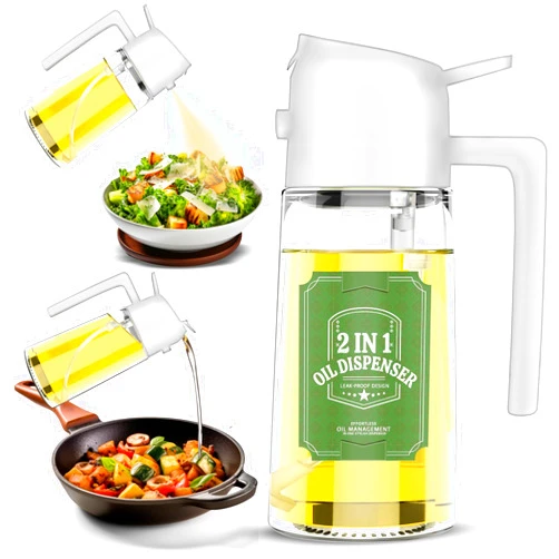 Casa Arte Oil Dispenser for Kitchen – Oil Sprayer for Cooking and Olive Oil Dispenser Spray Bottle, 2 in 1 Oil Dispenser and Oil Sprayer, Pourer & Oil Mister for Air Fryer, Barbecue, Salad 16oz/470ml (White)