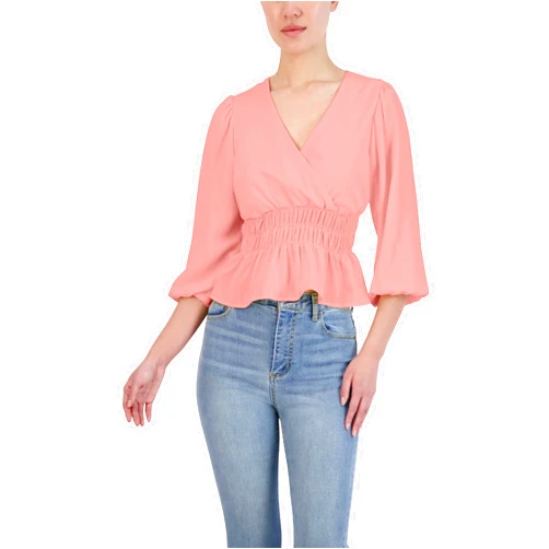 BCBGeneration Women's Fit and Flare Top 3/4 Puff Sleeve Smocked Waist Surplice Neck Shirt