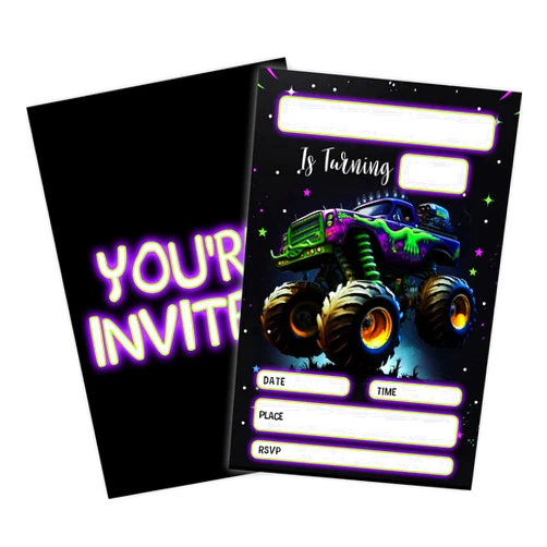 GREOXG Monster Truck Theme Birthday Invitations, 20 Count, 4 x 6 Inches, Coated Paper, Multicolor