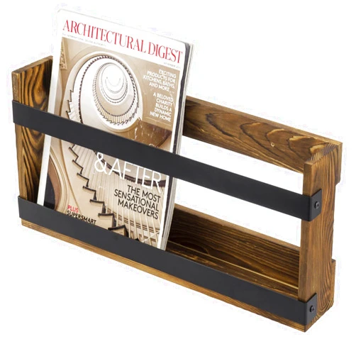 MyGift Rustic Burnt Solid Wood and Industrial Matte Black Metal Magazine Display Rack, Wall Mountable Double Wide Book Holder or Standing Organizer
