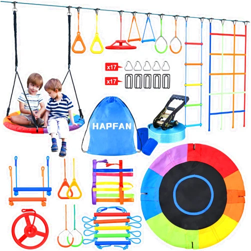 Hapfan 50ft Ninja Warrior Obstacle Course for Kids with Swing, Weather-Proof Ninja Rope Course for Kids Outside with 10 Accessorries, Outdoor Playset Backyard with Monkey Bars