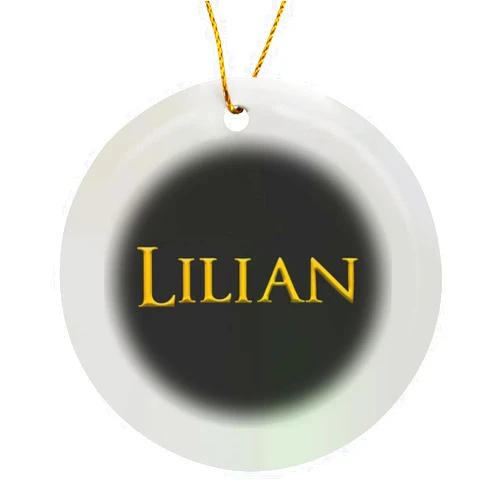 3dRose Circle Porcelain Ornament - Lilian Common Woman Name in America. Yellow on Black Charm Alexis Design - Popular Female Names in USA