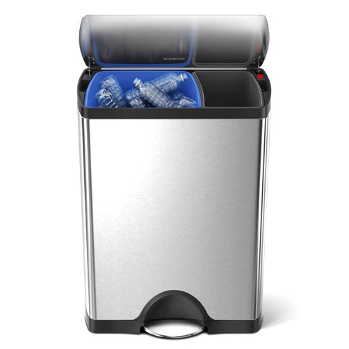 simplehuman Rectangular Dual Compartment Recycling Kitchen Step Trash Can, 46 Liter, Brushed Stainless Steel