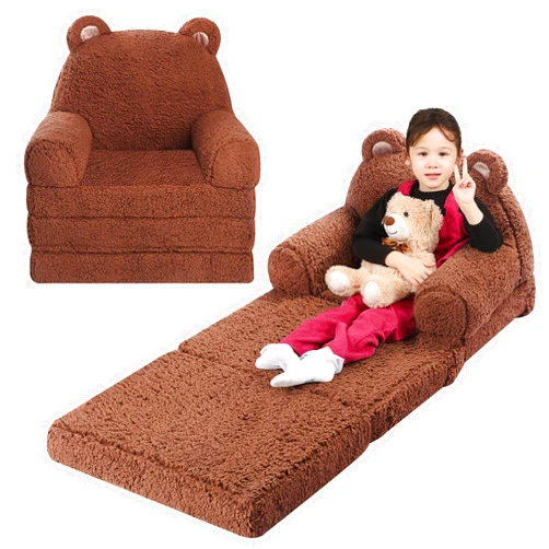 MOMCAYWEX Foldable Kids Sofa, Sherpa Teddy Bear Toddler Couch with Tri Folding Foam Cushions, Comfy Kids Couch for Kids Age 3-6