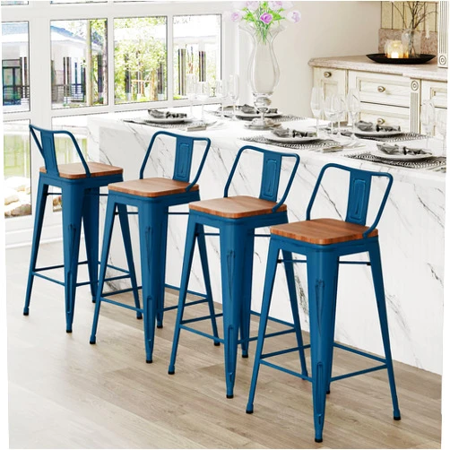 Andeworld Bar Stools Set of 4 Counter Height Stools Industrial Metal Barstools with Wooden Seats(24 Inch, Distressed Navy)