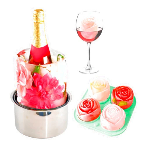 MANA SOUL Ice Bucket for Freezer - Wine Ice Bucket with 3D Rose Ice Molds, Champagne Ice Mold, Ice Mold Wine Bottle Chiller, Elegant Design for Home or Events