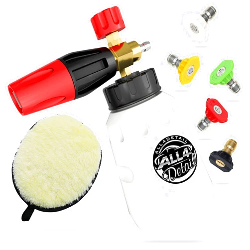 ALL4DETAIL Foam Cannon, Heavy Duty Car Foam Blaster Wide Mouth Adjustable Snow Foam Lance with 1/4’’ Quick Connector, 1 Liter - 5 Pressure Washer Nozzle Tips - Car Washing Glove for Car Wash