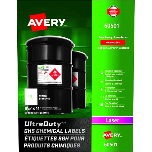 Avery UltraDuty GHS Chemical Labels for Laser Printers, Waterproof, UV Resistant, 8.5