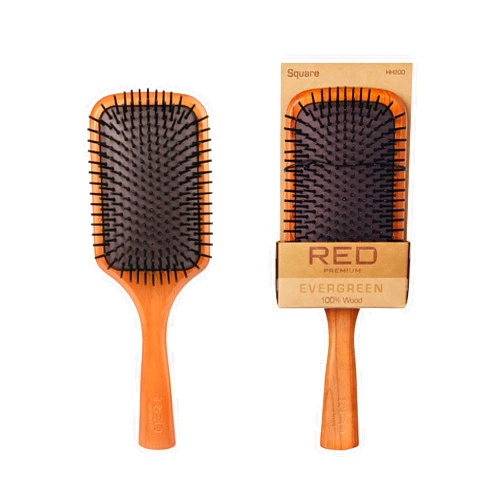 Red by Kiss Evergreen Wooden Square Paddle Hair Brush, 100% Beechwood, Long Bristles, Detangling, For All Hair Types, Sustainable, Painless Detangling, Air Ventilation Hole, Wet Dry Hair, Unisex
