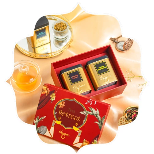 Chayam Exotic Assorted Tea Gift Box Wooden | Gourmet Tea Gift Box | Himalayan Green Tea 50g, Moroccan Mint 30g, Hibiscus Flower Tea 30g & Pure Chamomile 30g | Herbal Tea Gift Set (Tea Retreat, Cinnamon & Turmeric)