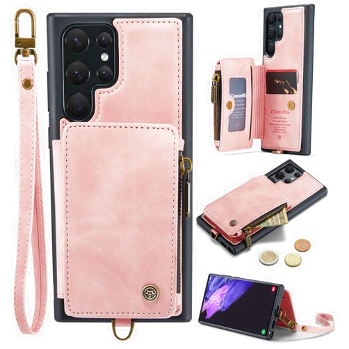 ZORSOME for Samsung Galaxy S22 Ultra 5G Wallet Case, Magnetic Zipper Wallet Protective Case for Samsung Galaxy S22 Ultra 5G,Stand Phone Case with Wristlet + Card Holder [RFID Blocking],Pink