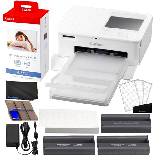 Canon Selphy CP1500 Wireless Compact Photo Printer (White) Bundle with KP-108IN Color Ink Paper Set (108 Sheets of 4x6 Paper + 3 Ink Cartridges) + Memory Card Holder + More