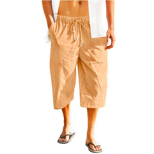 COOFANDY Men's Linen Harem Capri Pants Casual Lightweight Drawstring Yoga Pants Baggy 3/4 Beach Trousers