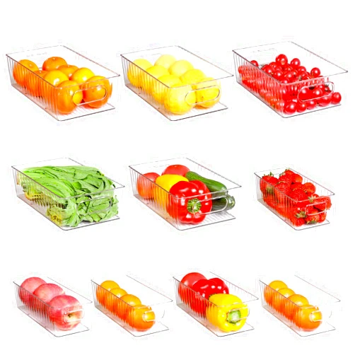 loobuu Plastic Refrigerator Organizer Bins, 10pcs Stackable Food Storage Bins with Handle for Fridge, Pantry, Cabinet, Kitchen, Countertops, Cupboard, Freezer Organization, BPA Free - Clear