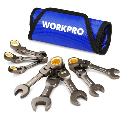 WORKPRO 8 Piece Flex Head Stubby Ratcheting Combination Wrench Set, Metric 9-17 mm, 72-Teeth, CRV, Nickel Plating with Rolling Pouch