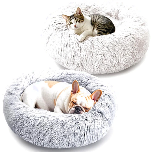 KXK Dog & Cat Bed 2 Pack, 20'' Cat Beds for Indoor Cats, Calming Donut Bed for Puppy and Kitten, Washable Round Fluffy Pet Bed for Small Medium Dogs and Cats (Grey&White)