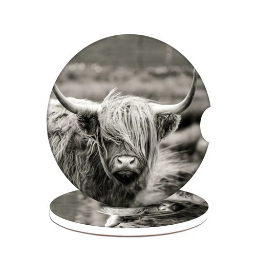 PUIBUN Car Cup Holder Coaster - Highland Cow Absorbent Ceramic Coaster, Car Coasters for Cup Holders, Auto Accessories for Women & Men, Pack of 2