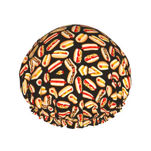 QHWLR Fun Food Hot Dogs Print Double Waterproof Shower Cap Printed Millinery With Light And Soft Decoration