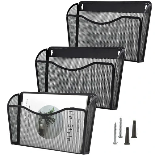COSYAWN 3 Pack Mesh Wall Mounted File Holder, Metal Hanging Wall Paper Folder Organizers, Single Wall Pockets for Classroom Home and Office Black