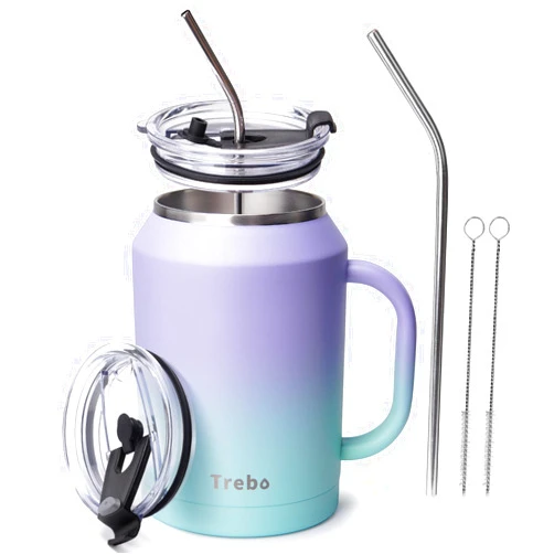 Trebo 50 oz Stainless Steel Mug Tumbler with Handle, Vacuum Insulated Large Iced Coffee Cup with Lids and Straws,Reusable Water Bottle Flask Jug,Keeps Drinks Cold 36 Hrs,Sweat Proof,Fantastic Aurora