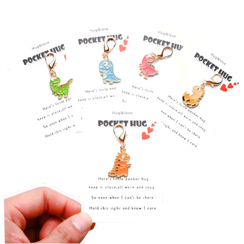 Sacxi 5-Pack Dinosaur Keychain with Pocket Hug Token - Bag Charm for Emotional Support, Back to School Gift for Friends