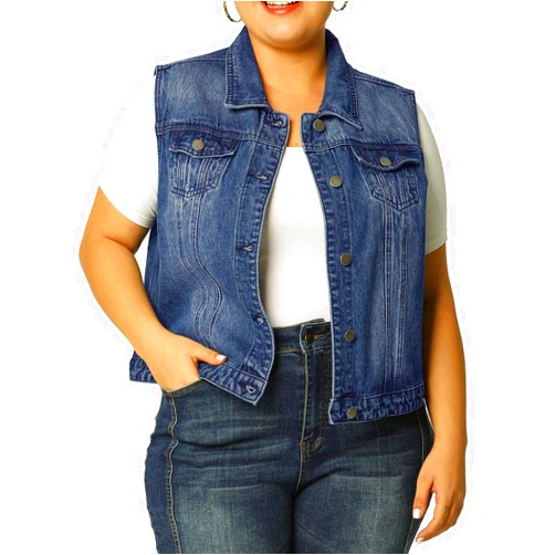 uxcell Women's Plus Size Buttons Denim Vest with Two Chest Flap Pockets Jackets