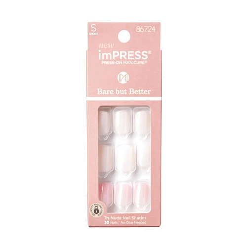 ImPRESS KISS imPRESS No Glue Mani Press On Nails, Bare But Better, Effortless Finish', Nude, Short Size, Squoval Shape, Includes 30 Nails, Prep Pad, Instructions Sheet, 1 Manicure Stick, 1 Mini File