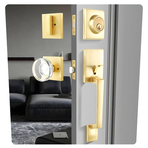 Heittis Gold Front Door Handle with Glass Door Knobs and Deadbolt Set,Heavy Duty Front Door Handle,Single Gold Front Door Handle and Deadbolt Set Reversible for Entrance