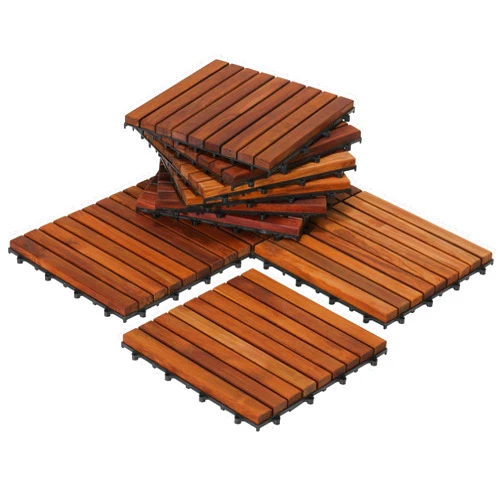 Bare Decor EZ-Floor Interlocking Flooring Tiles in Solid Teak Wood Oiled Finish (Set of 10), Long 9 Slat