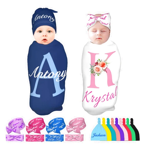 Slocenk Personalized Baby Swaddle Blanket & Hat Set for Boy Girl with Initial Name Custom Newborn Swaddle Customized Baby Items Gifts