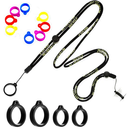 Chinco 16 Pieces Anti-Lost Lanyard Set, Including 2 Pieces Necklace Lanyards Pendant Holder Lanyard Safety Neck Strap with 14 Pieces Anti-Lost Silicone Ring Soft Pen Protective Ring (Black)